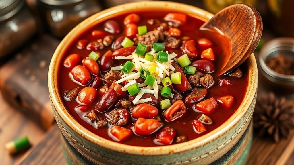 Hearty Beef Chili Recipe A bowl of beef chili with kidney beans and tomatoes, garnished with cheese and green onions.